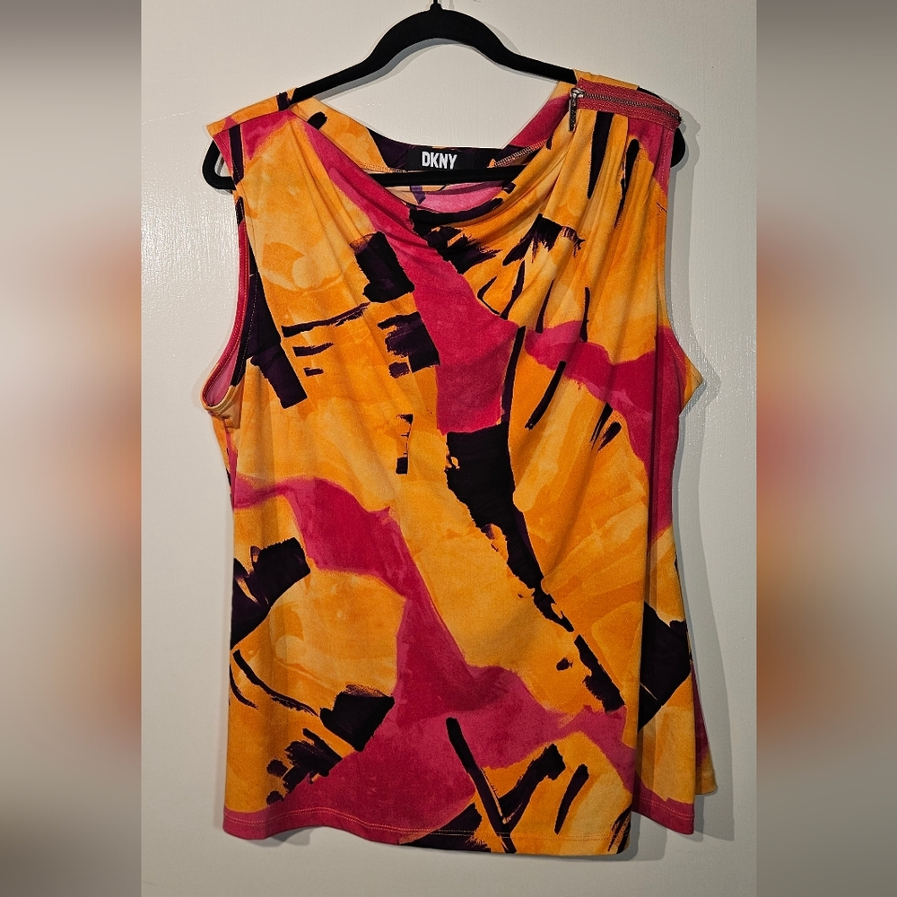 DKNY Sleeveless Abstract Print Blouse Top Bright Orange Pink Black Women’s XXL